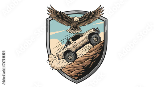 An illustration features an eagle above a truck driving off-road in a shield