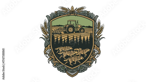 A heraldic emblem featuring a rural scene, tractor, running wolves, and ornamental border