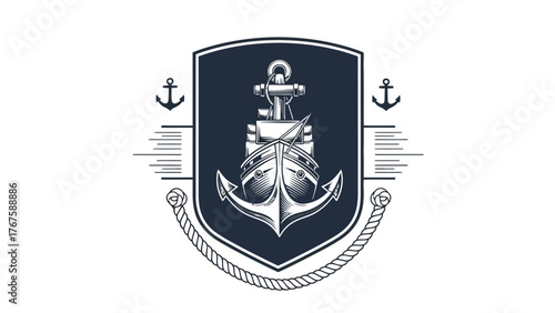 A nautical-themed emblem featuring a ship's anchor, vessel, and decorative rope and anchors