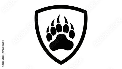 A black bear paw print inside a shield shape on a white background