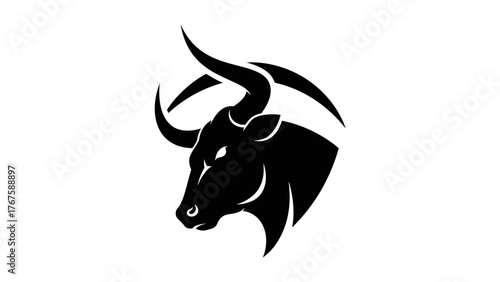A stylized illustration features a black bull's head with curved horns on a white backdrop