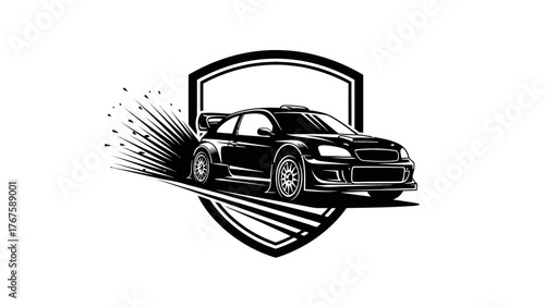 A black and white illustration of a speeding sports car within a shield, stylized with motion lines