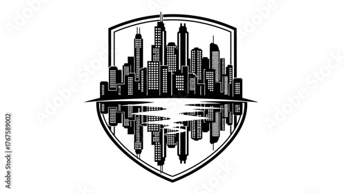 A black and white skyline silhouette with reflection, enclosed by a shield shape