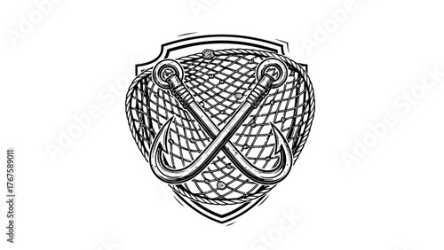 Black and white illustration of two crossed fishing hooks over a net in a shield emblem shape