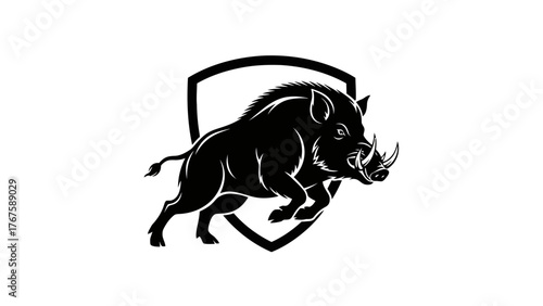 A fierce, black and white depiction of a wild boar charging out of a shield