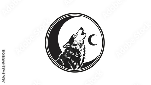 Black and white illustration of a howling wolf inside a circle with a crescent moon
