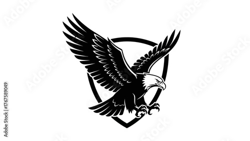 A monochrome illustration of an eagle in flight inside of a shield