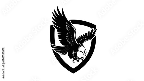 A stylized black and white illustration shows a majestic bird of prey within a shield emblem