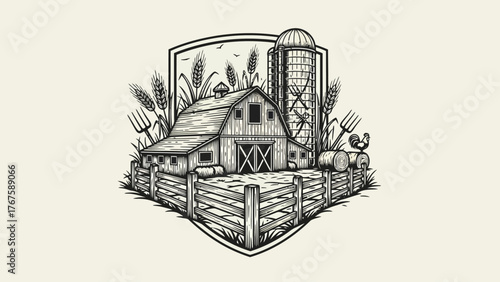 A rustic illustration featuring a barn, silo, fence, and wheat, with a rooster and hay bales