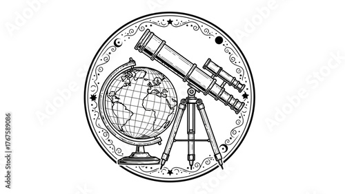 Black and white illustration featuring a telescope, globe, and decorative border, on a white background