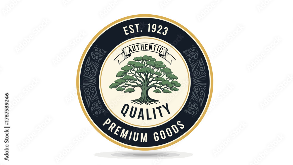 Fototapeta premium Circular emblem with a tree in the center, and text, 'authentic quality premium goods', with established date