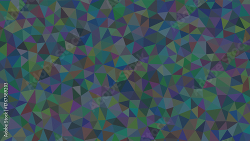 A dark, low-saturation, abstract geometric pattern composed of numerous small triangles in various shades of blue, green, and purple.