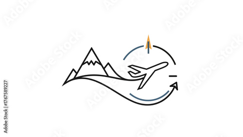 Line art illustration of airplane flying around a stylized mountain landscape, with compass