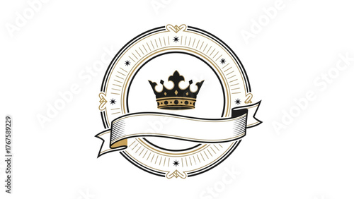 An elegant circular emblem with a crown, ribbon, and decorative elements in gold and black