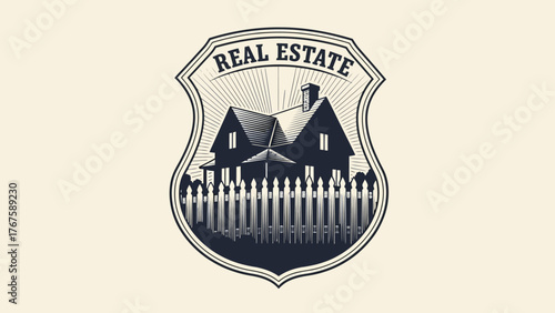 A vintage real estate emblem featuring a house, fence, and "REAL ESTATE" text within a shield