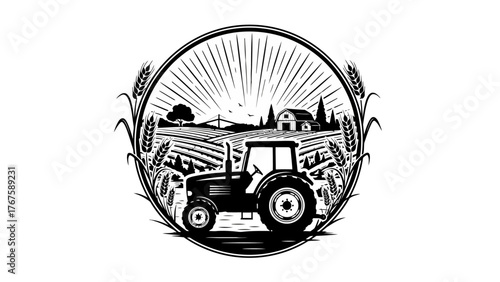 A monochrome illustration depicting a rural scene with a tractor, wheat and a farm in a circle