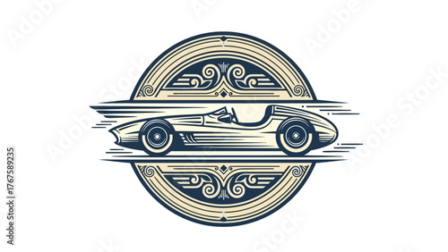 A vintage stylized open-top sports car in a circular frame with decorative elements