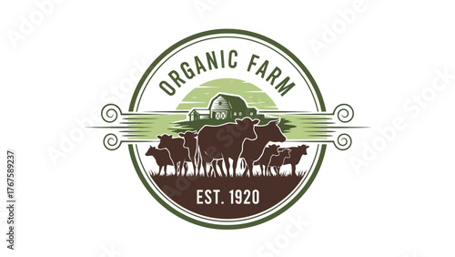 A circular illustration of a farm scene with a barn, cows, and text