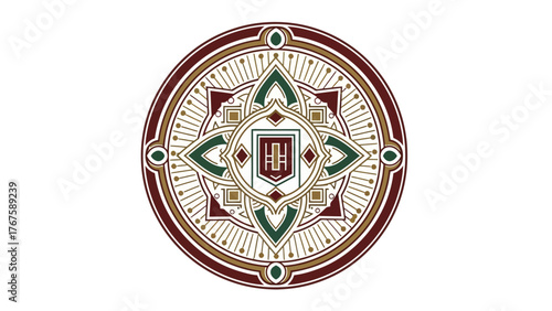 Circular emblem with repeating geometric shapes, featuring brown, green, and gold elements