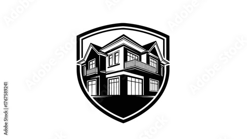 A monochrome illustration of a house inside a shield with windows and balconies