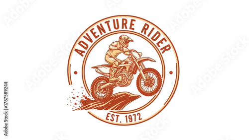 A vintage-style illustration of a dirt bike rider in action, jumping over terrain within a circular frame