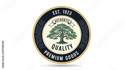 Circular emblem with a tree in the center, and text, 'authentic quality premium goods', with established date