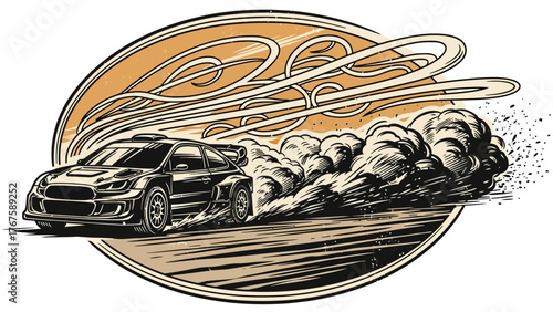 A black race car doing a burnout, surrounded by smoke and vapor trails, set inside a decorative oval