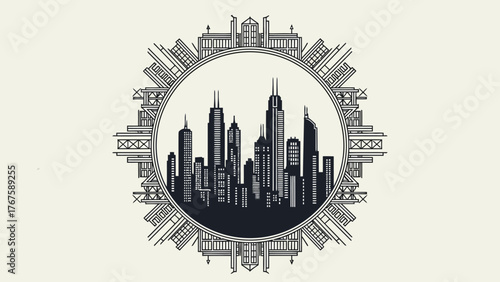 Graphic art of city skyscrapers inside a decorative circular frame
