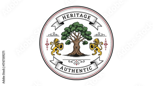 A circular emblem with a tree, lions, ribbons, and text. Features detailed line work and a classic design