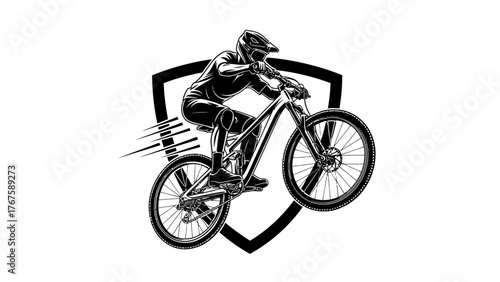 Bicyclist on a mountain bike against a shield shape, stylized as an illustration