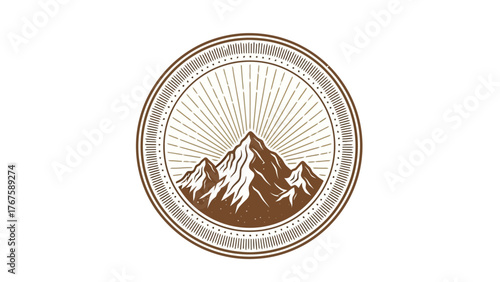 A vintage-style emblem showing a mountain range surrounded by a circular border. The mountains radiate lines