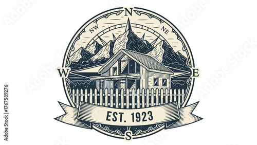 A round emblem featuring mountains, a cabin, compass points, and a banner with "EST. 1923" in a vintage style