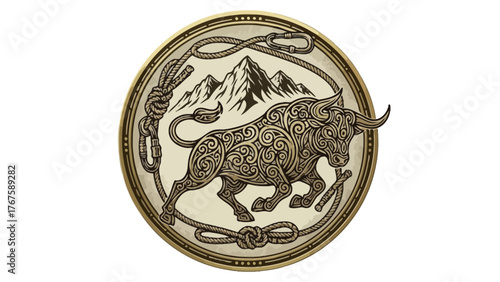 Circular emblem features a decorative bull, rope, and mountains within a detailed border