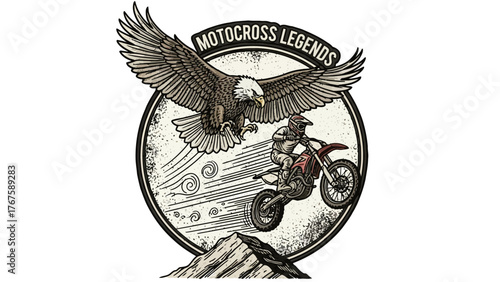 A motorcycle racer jumps a hill with an eagle flying above a circular design