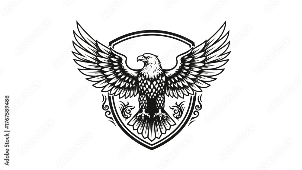 Fototapeta premium A regal eagle with outstretched wings, centered within a shield. Detailed, symmetrical design