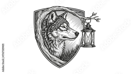 A detailed illustration of a wolf inside a wooden shield, accompanied by a hanging lantern