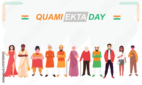 Modern Quami Ekta Day Vector: Diverse Indian Community Lineup in United Front for National Unity Day and Cultural Integration Campaign