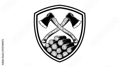 A black and white emblem featuring two crossed axes over a pile of logs within a shield