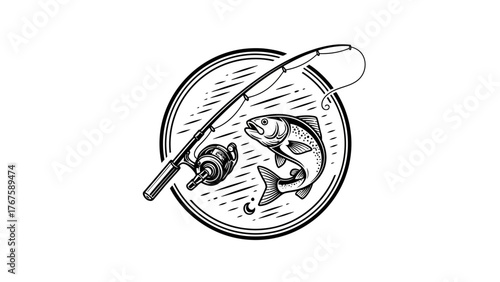 Black and white illustration of fishing elements, including a rod, reel, and fish, in a circular design