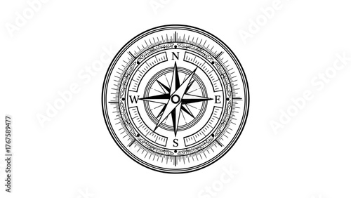 A detailed black and white illustration of a circular nautical navigational instrument