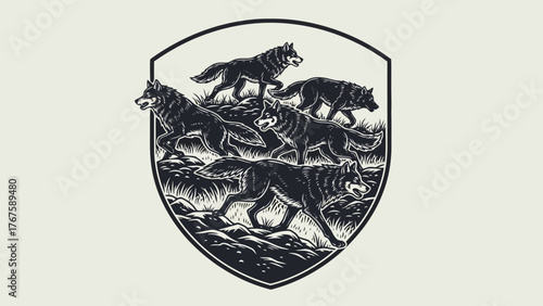 A monochrome illustration of five wolves running in a pack inside a crest