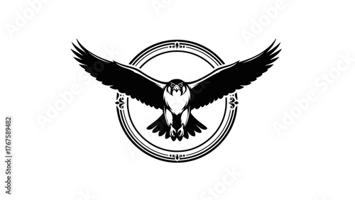 A monochrome illustration of a bird with outstretched wings within an ornate circular frame