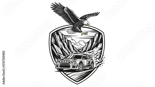 A black and white illustration of an eagle above a shield depicting a rally car in mountainous terrain