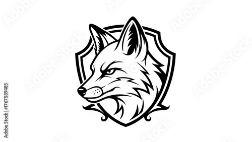 A stylized black and white illustration of a fox head within a shield-like frame