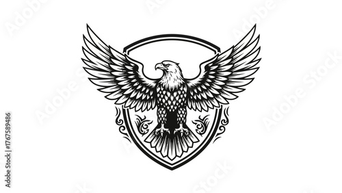 A regal eagle with outstretched wings, centered within a shield. Detailed, symmetrical design