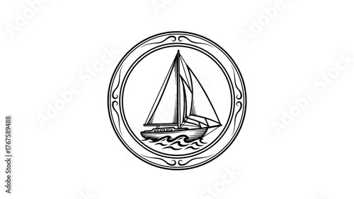 A black and white illustration of a sailboat inside a decorative circular frame