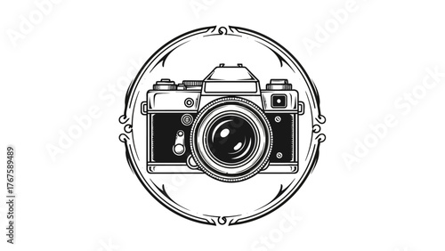 A detailed monochrome drawing of a vintage camera surrounded by a decorative, circular frame