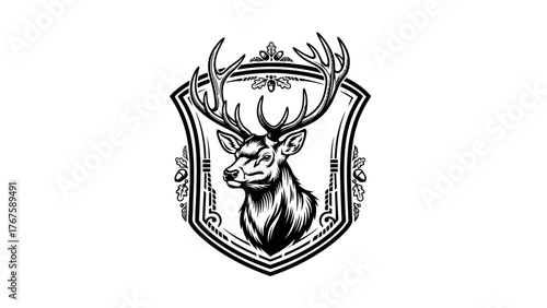 A regal deer head with prominent antlers is centered within an ornate shield