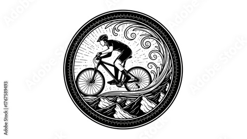 Circular graphic of cyclist on a mountain bike, framed by a border and mountains with a wave