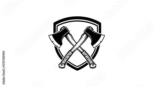A black and white emblem featuring two crossed axes within a shield outline